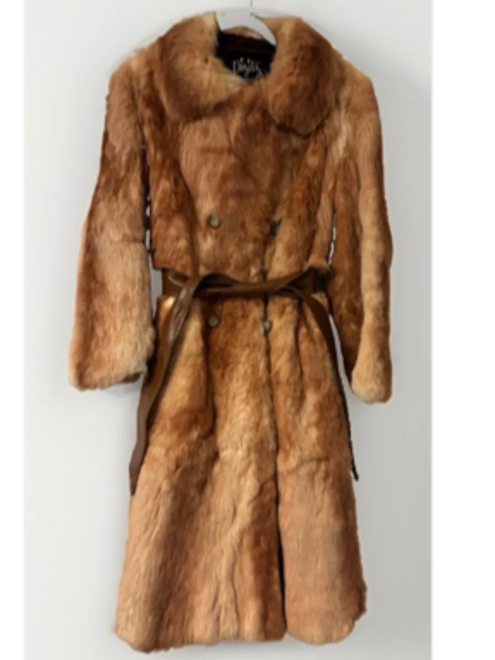 Vtg 70s Pizitz Real Rabbit Fur Caramel Brown Trench Belted Coat Jacket Size XS/S